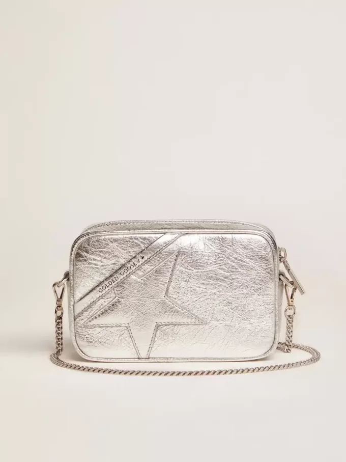 Mini Star Tasche für Damen aus silbernem laminiertem Leder mit Ton-in-Ton-Stern Mini Star Tasche für Damen aus silbernem laminiertem Leder mit Ton-in-Ton-Stern