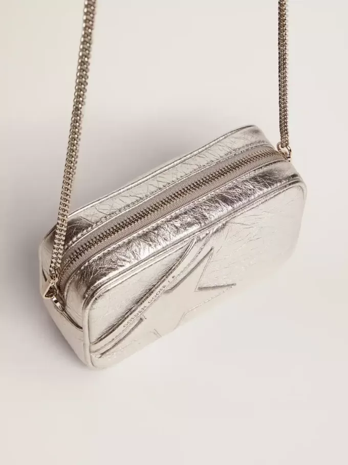 Mini Star Tasche für Damen aus silbernem laminiertem Leder mit Ton-in-Ton-Stern Mini Star Tasche für Damen aus silbernem laminiertem Leder mit Ton-in-Ton-Stern