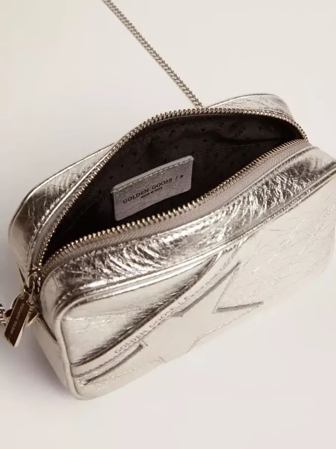 Mini Star Tasche für Damen aus silbernem laminiertem Leder mit Ton-in-Ton-Stern Mini Star Tasche für Damen aus silbernem laminiertem Leder mit Ton-in-Ton-Stern
