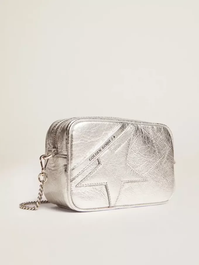 Mini Star Tasche für Damen aus silbernem laminiertem Leder mit Ton-in-Ton-Stern Mini Star Tasche für Damen aus silbernem laminiertem Leder mit Ton-in-Ton-Stern