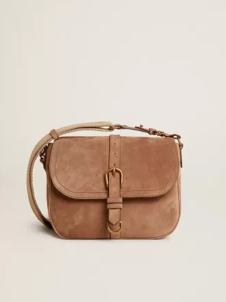 Mittlere Sally-Tasche aus aschfarbenem Wildleder mit kontrastierender Schnalle und Schulterriemen