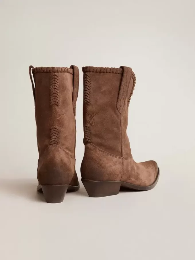 Niedrige Damenstiefel aus dunkelbraunem, gewaschenem Wildleder