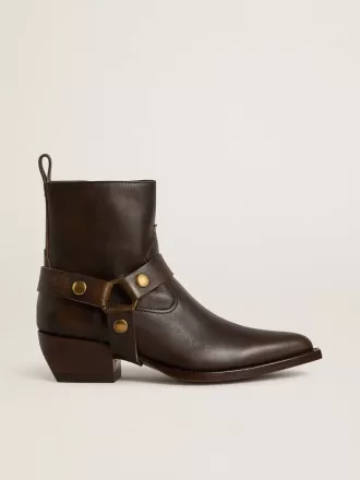 Niedrige Debbie-Stiefel aus dunkelbraunem Leder mit abnehmbarer Schnalle