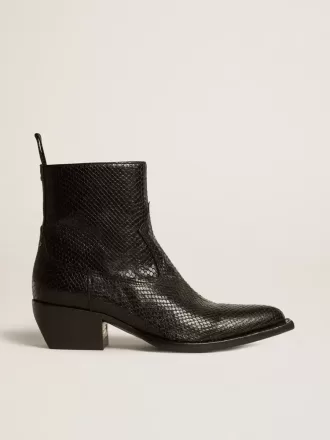 Niedrige Debbie-Stiefel aus schwarzem Leder mit Schlangenprint