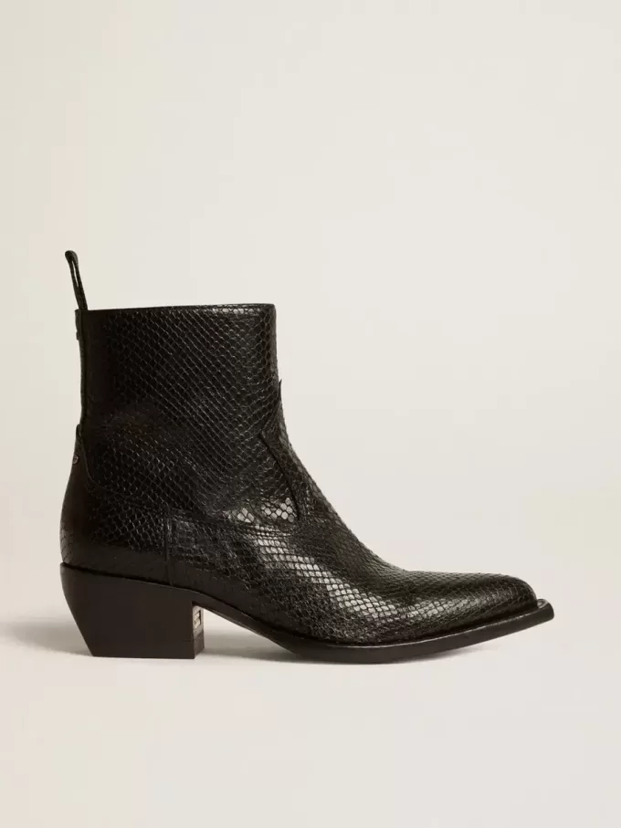 Niedrige Debbie-Stiefel aus schwarzem Leder mit Schlangenprint