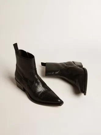 Niedrige Debbie-Stiefel aus schwarzem Leder mit Schlangenprint