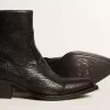 Niedrige Debbie-Stiefel aus schwarzem Leder mit Schlangenprint