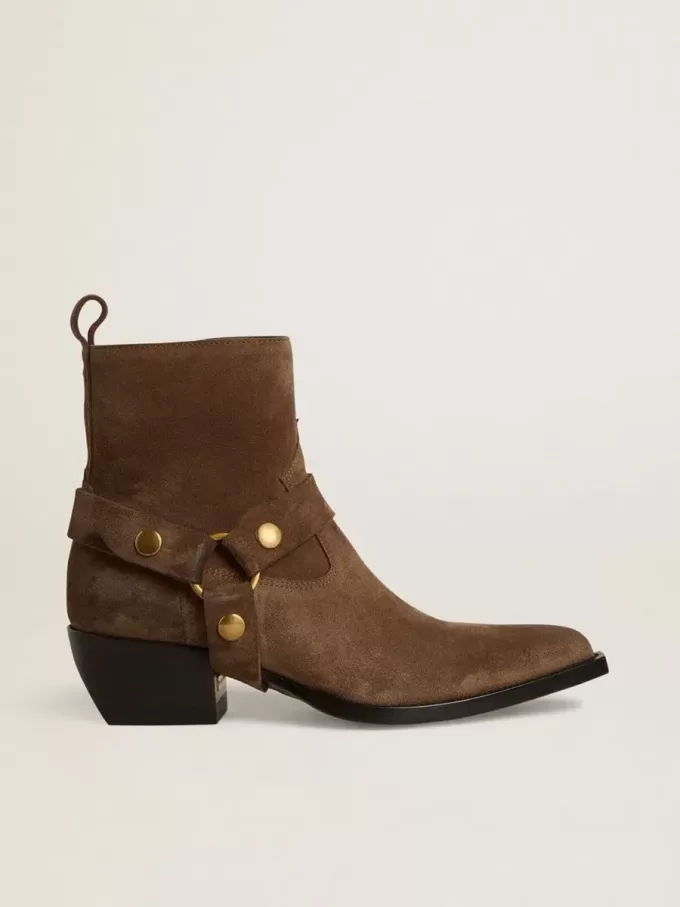 Niedrige Debbie-Stiefel aus taubengrauem Wildleder mit abnehmbarer Schnalle