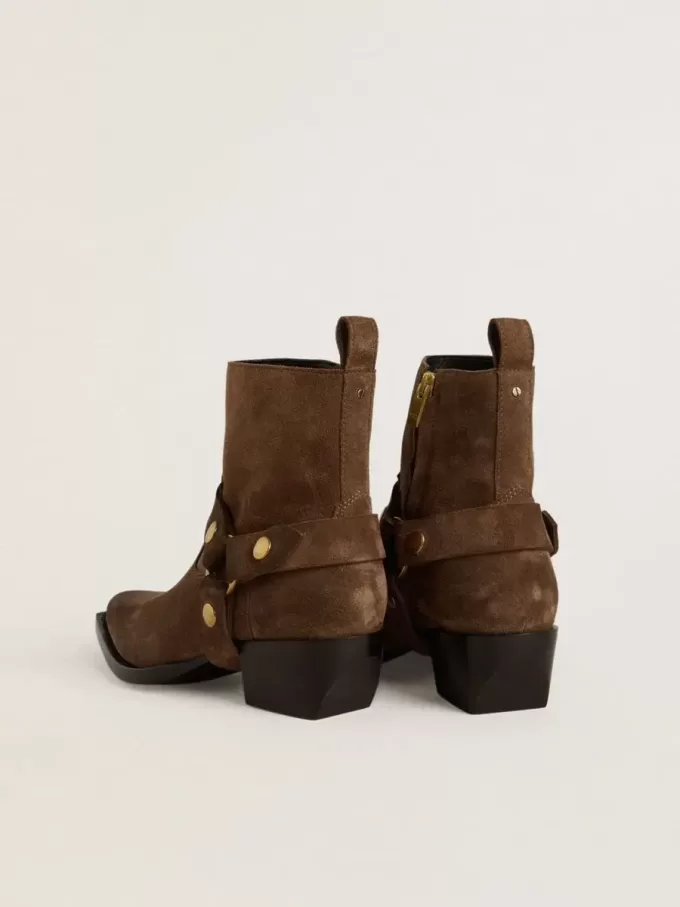 Niedrige Debbie-Stiefel aus taubengrauem Wildleder mit abnehmbarer Schnalle