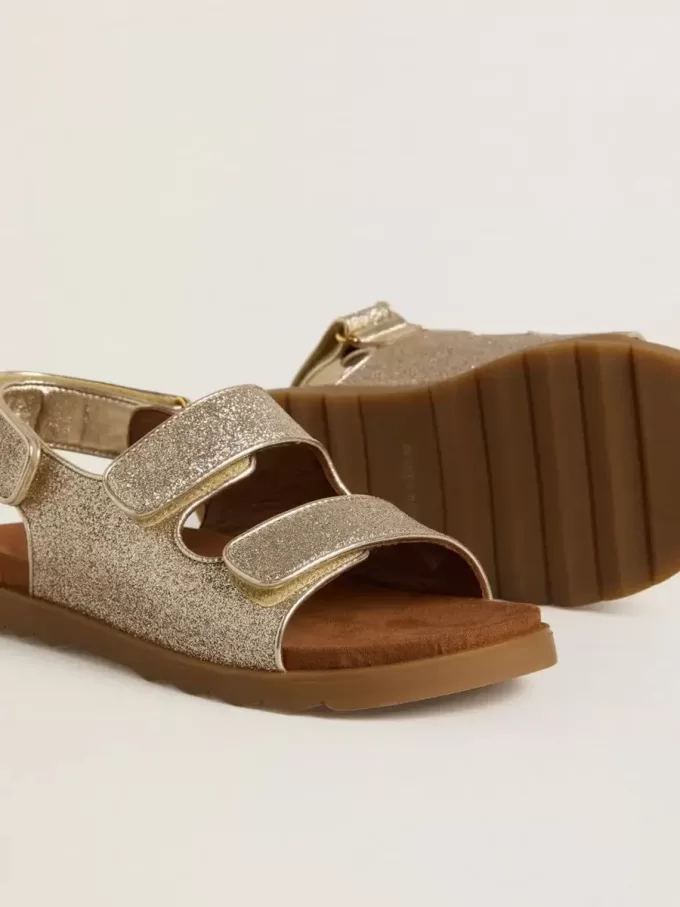 Noa Junior Sandalen aus Mikroglitter und platinfarbenem Leder