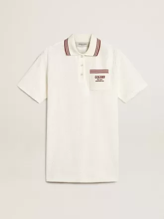 Oasis Polo-Kleid für Damen aus weißem, perforiertem Jersey mit burgunderroten Streifen