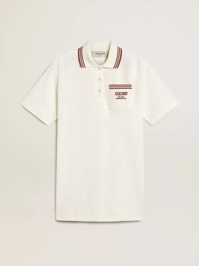 Oasis Polo-Kleid für Damen aus weißem, perforiertem Jersey mit burgunderroten Streifen