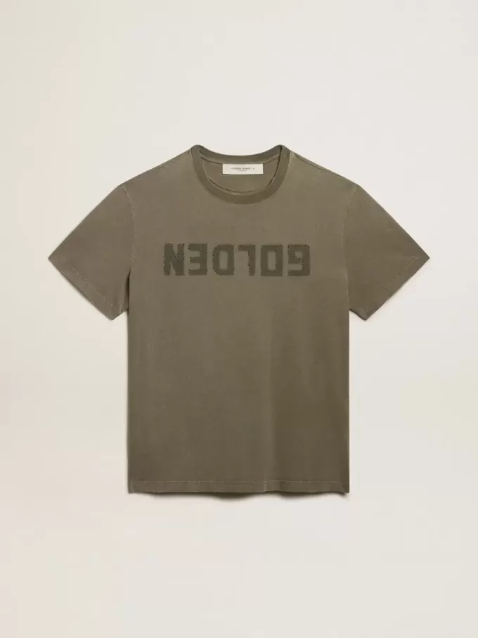 Olivgrünes Damen-T-Shirt mit goldener Beschriftung