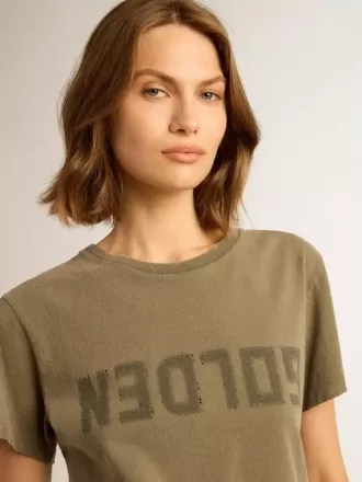 Olivgrünes Damen-T-Shirt mit goldener Beschriftung