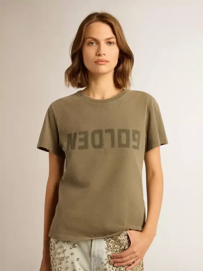 Olivgrünes Damen-T-Shirt mit goldener Beschriftung