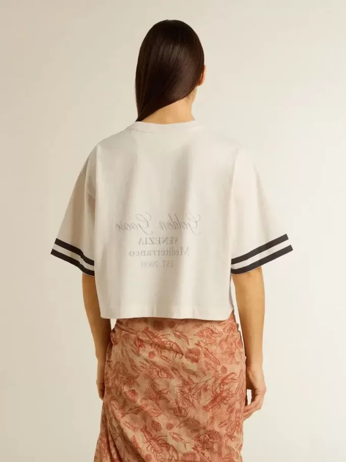 Oversized-Kurz-T-Shirt für Damen aus weißem Jersey mit Stickerei und „Venezia Mediterraneo”-Print