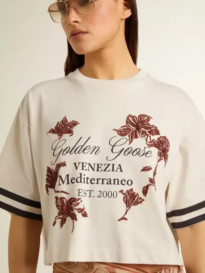 Oversized-Kurz-T-Shirt für Damen aus weißem Jersey mit Stickerei und „Venezia Mediterraneo”-Print
