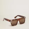 Quadratische Sonnenbrille mit havannabraunem Rahmen und Kristallen Quadratische Sonnenbrille mit havannabraunem Rahmen und Kristallen