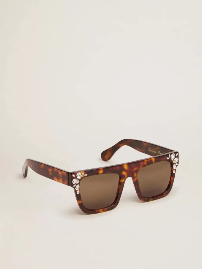 Quadratische Sonnenbrille mit havannabraunem Rahmen und Kristallen Quadratische Sonnenbrille mit havannabraunem Rahmen und Kristallen