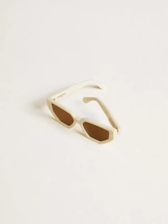 Rechteckige Sonnenbrille mit beigem Rahmen