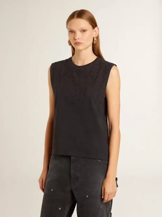 Ärmelloses T-Shirt in Used-Schwarz mit Ton-in-Ton-Gradientenstickerei