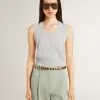 Ärmelloses Tanktop für Damen aus babyblauem Strick Ärmelloses Tanktop für Damen aus babyblauem Strick
