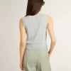 Ärmelloses Tanktop für Damen aus babyblauem Strick Ärmelloses Tanktop für Damen aus babyblauem Strick