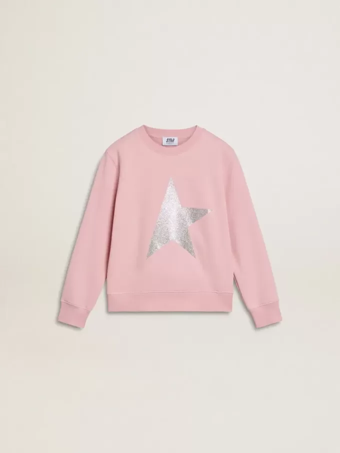 Rosa Sweatshirt mit großem Stern in silbernem Glitzer auf der Vorderseite