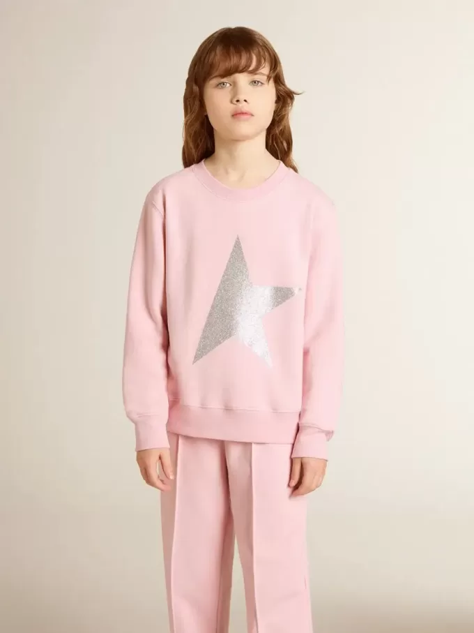 Rosa Sweatshirt mit großem Stern in silbernem Glitzer auf der Vorderseite
