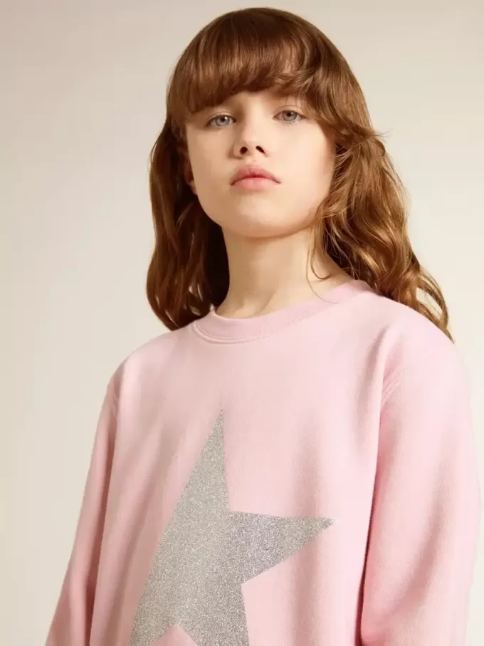Rosa Sweatshirt mit großem Stern in silbernem Glitzer auf der Vorderseite