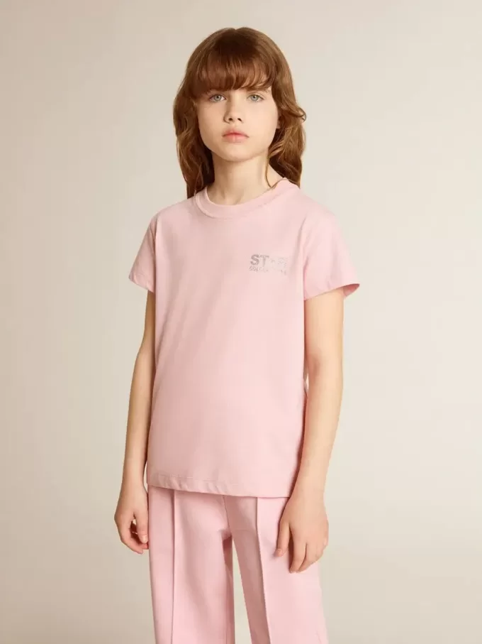 Rosa T-Shirt für Mädchen mit silbernem Glitzerlogo und Maxi-Stern