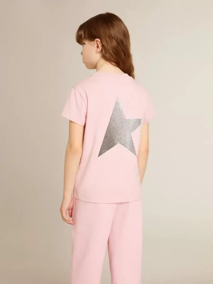 Rosa T-Shirt für Mädchen mit silbernem Glitzerlogo und Maxi-Stern