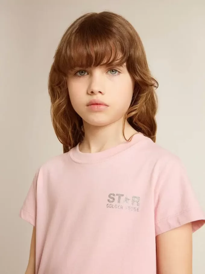 Rosa T-Shirt für Mädchen mit silbernem Glitzerlogo und Maxi-Stern