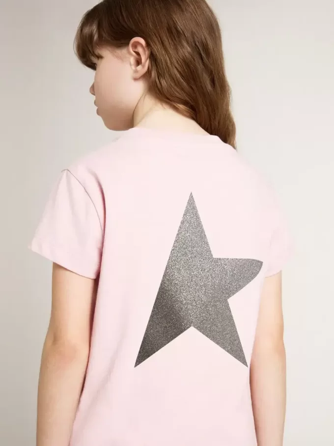 Rosa T-Shirt für Mädchen mit silbernem Glitzerlogo und Maxi-Stern