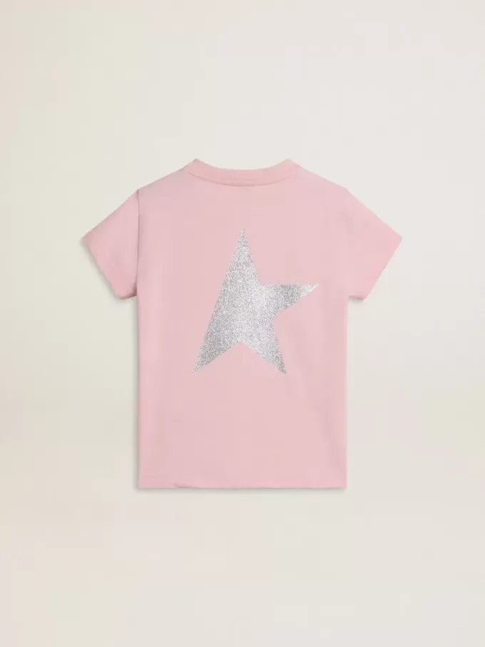 Rosa T-Shirt für Mädchen mit silbernem Glitzerlogo und Maxi-Stern