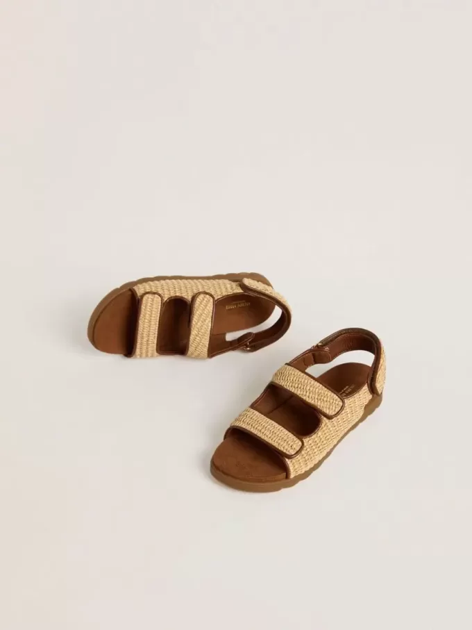 Sandalen „Young Noa” aus beigem Raffiabast und braunem Leder