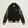 Schwarze Bomberjacke aus Wolle mit Aufnäher