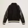 Schwarze Bomberjacke aus Wolle mit Aufnäher