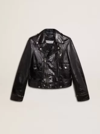 Schwarze Damen-Bikerjacke aus Leder mit Glanzeffekt