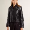 Schwarze Damen-Bikerjacke aus Leder mit Glanzeffekt