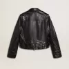 Schwarze Damen-Bikerjacke aus Leder mit Glanzeffekt