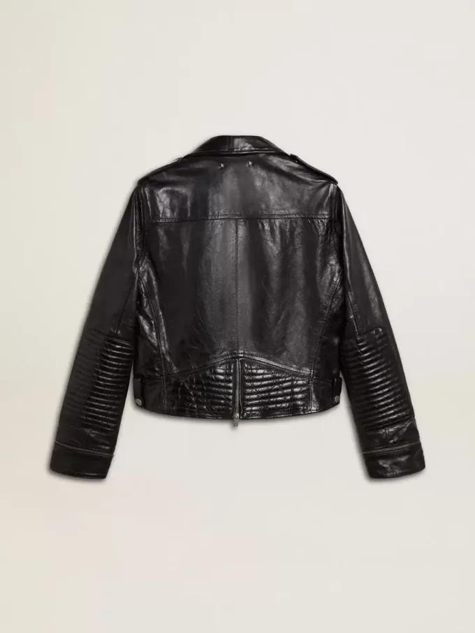 Schwarze Damen-Bikerjacke aus Leder mit Glanzeffekt