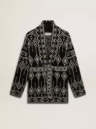 Schwarze Damenstrickjacke mit Gürtel und Kristallen