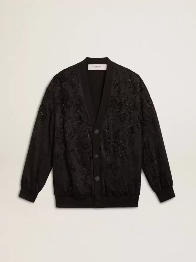 Schwarze Damenstrickjacke mit Ton-in-Ton-Perlenstickerei im Toile-de-Jouy-Muster