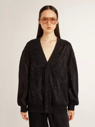 Schwarze Damenstrickjacke mit Ton-in-Ton-Perlenstickerei im Toile-de-Jouy-Muster