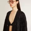 Schwarze Damenstrickjacke mit Ton-in-Ton-Perlenstickerei im Toile-de-Jouy-Muster