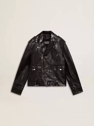 Schwarze Herren-Bikerjacke aus Leder mit Glanzeffekt