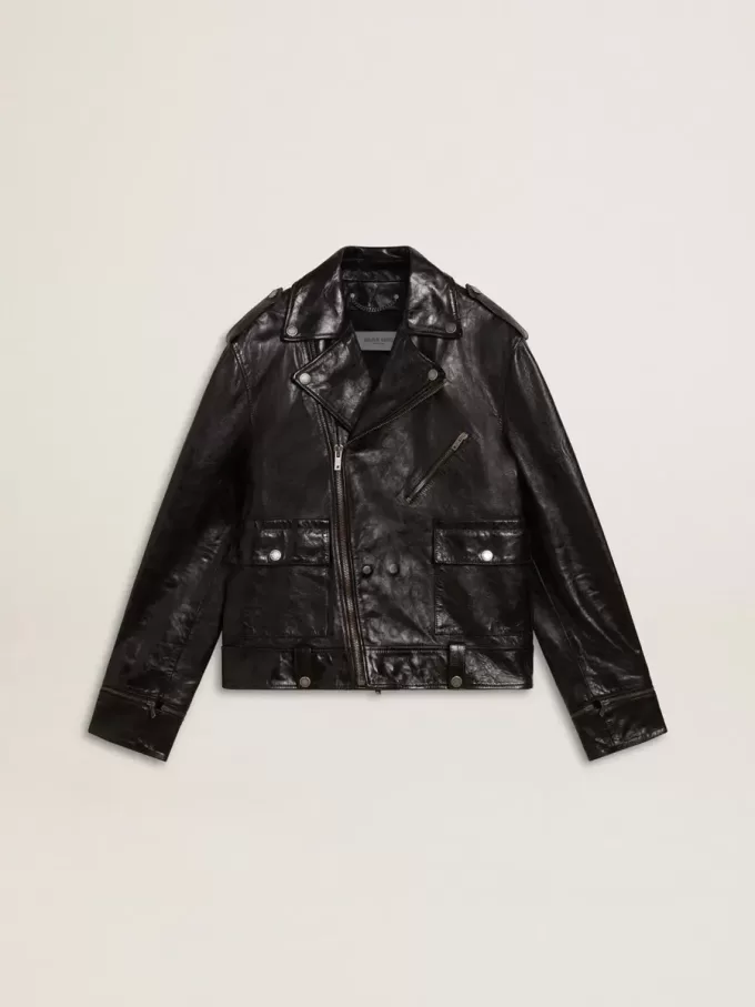 Schwarze Herren-Bikerjacke aus Leder mit Glanzeffekt