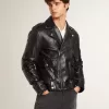 Schwarze Herren-Bikerjacke aus Leder mit Glanzeffekt