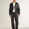 Schwarze Herren-Bikerjacke aus Leder mit Glanzeffekt